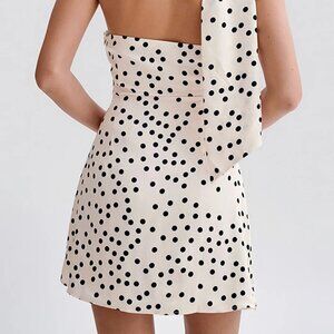MESHKI Joan Satin Asymmetrical Mini Dress Polka Dot